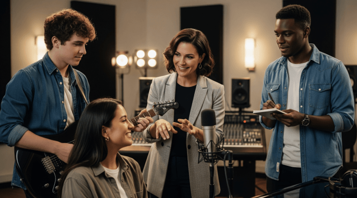 Music team collaborating in recording studio