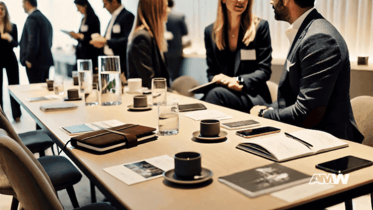 Business meeting with documents and coffee on table.