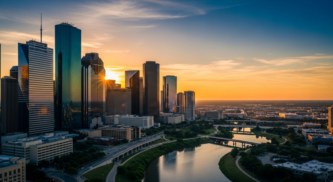 Houston skyline aerial view at golden hour with Buffalo Bayou