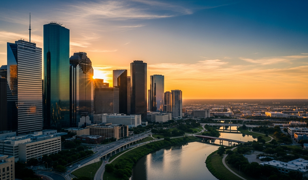 Houston skyline aerial view at golden hour with Buffalo Bayou