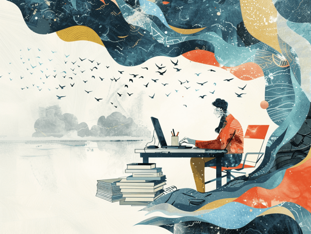 Abstract illustration of person working at a desk.