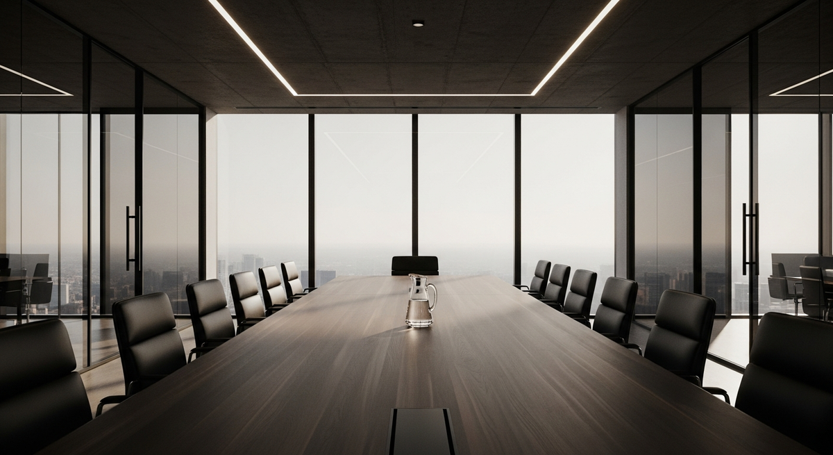 Modern luxury boardroom with dark walnut table and natural daylight streaming through glass walls