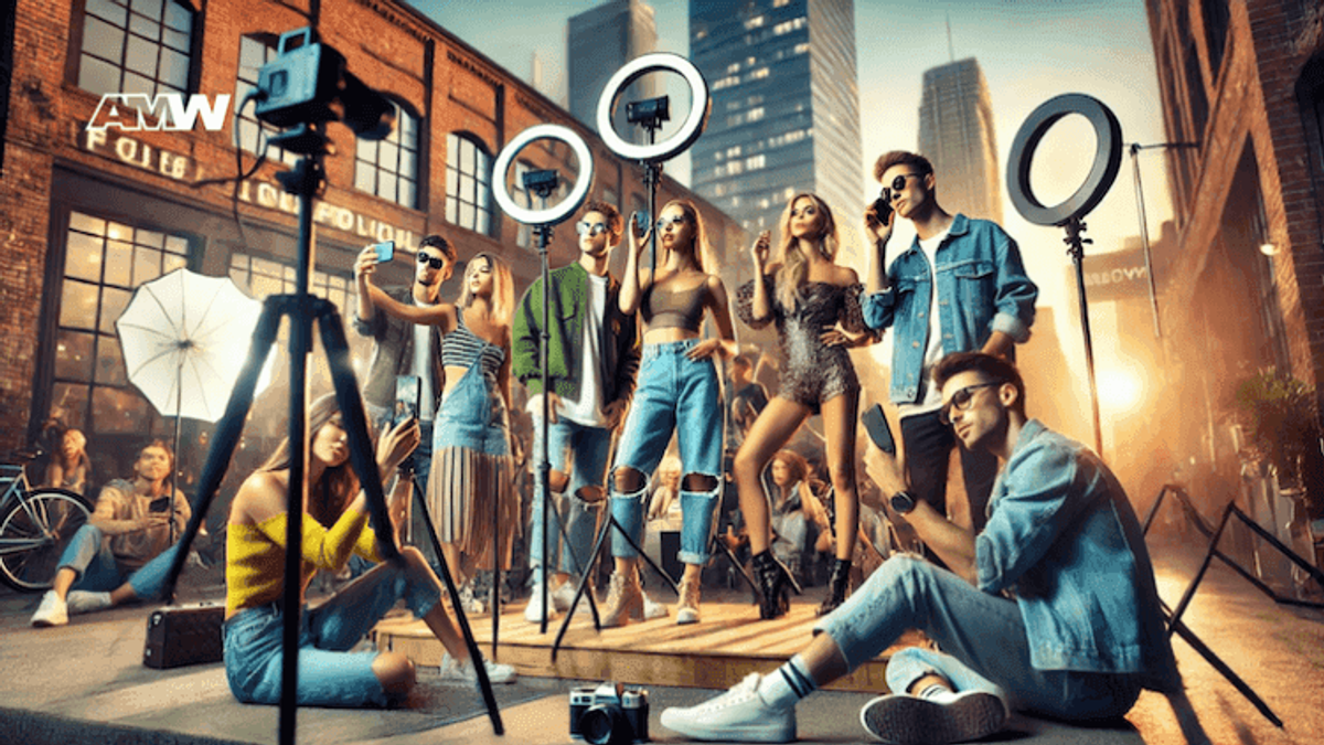 Fashion photoshoot with cameras and lighting in urban setting.