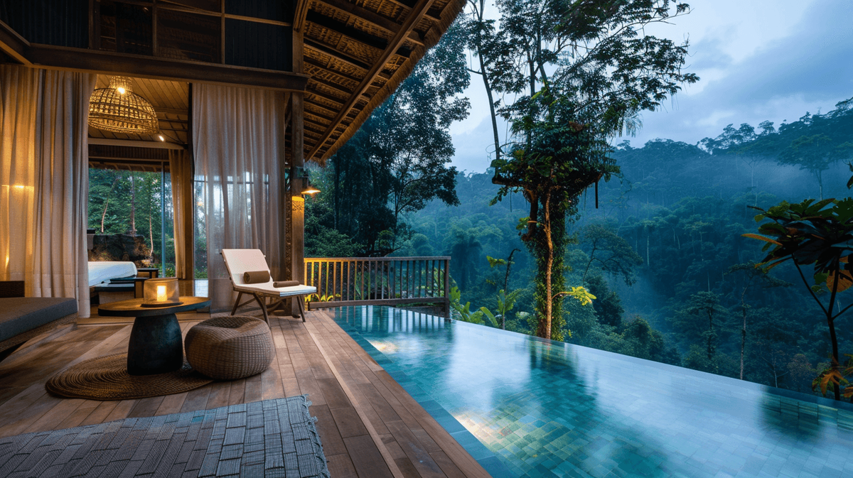 Luxury forest villa with infinity pool at dusk.