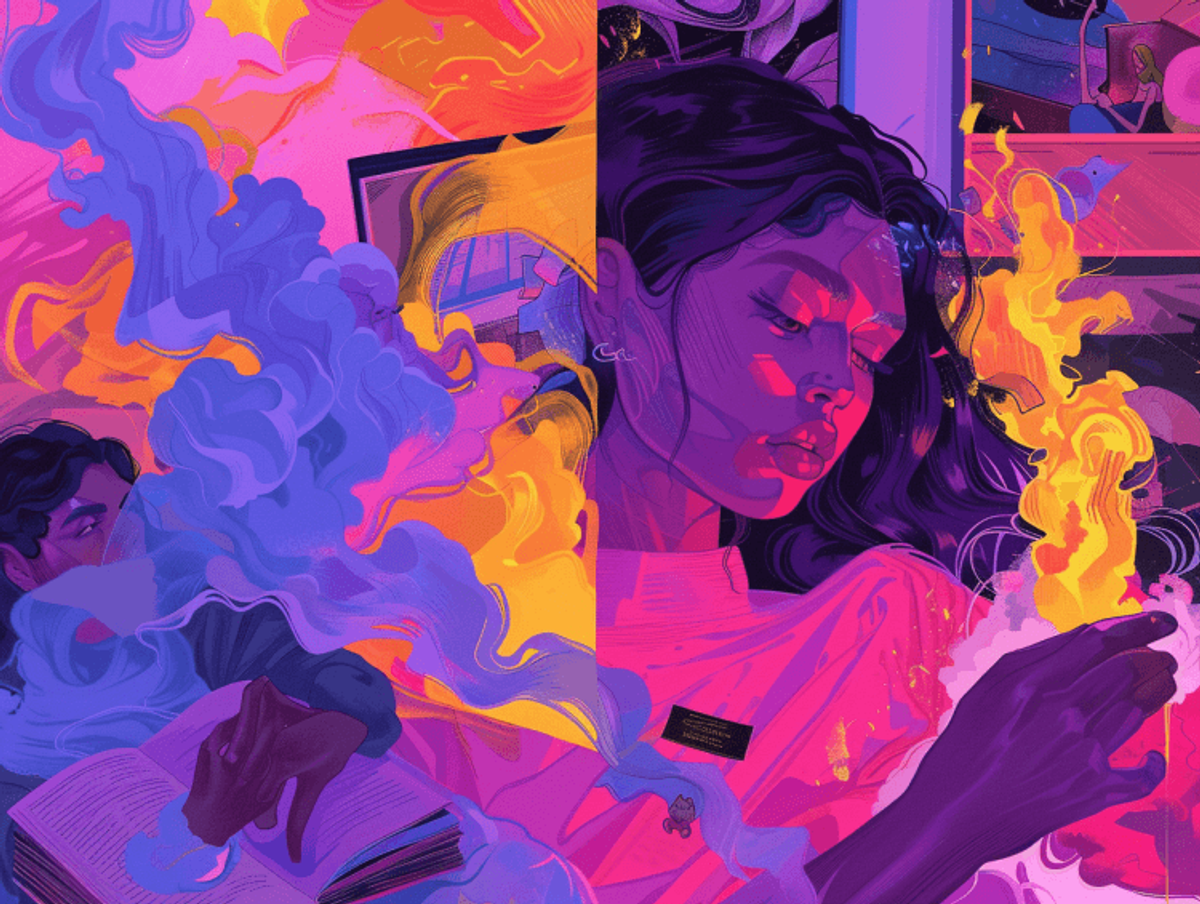 Colorful abstract illustration of people, books, flames.