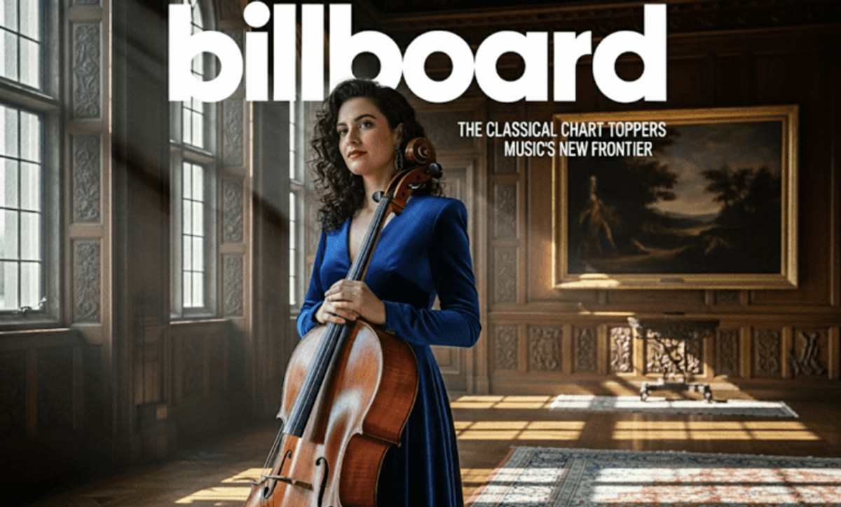 Cellist in blue dress holding cello in elegant room.