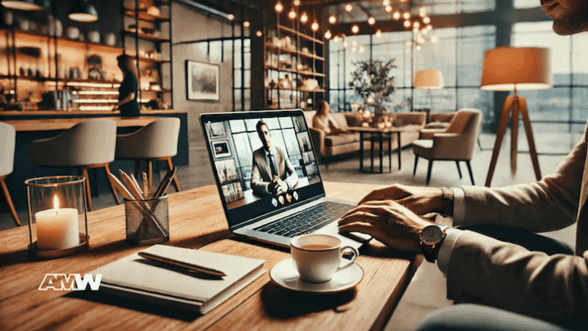 Person in video call at a cozy cafe