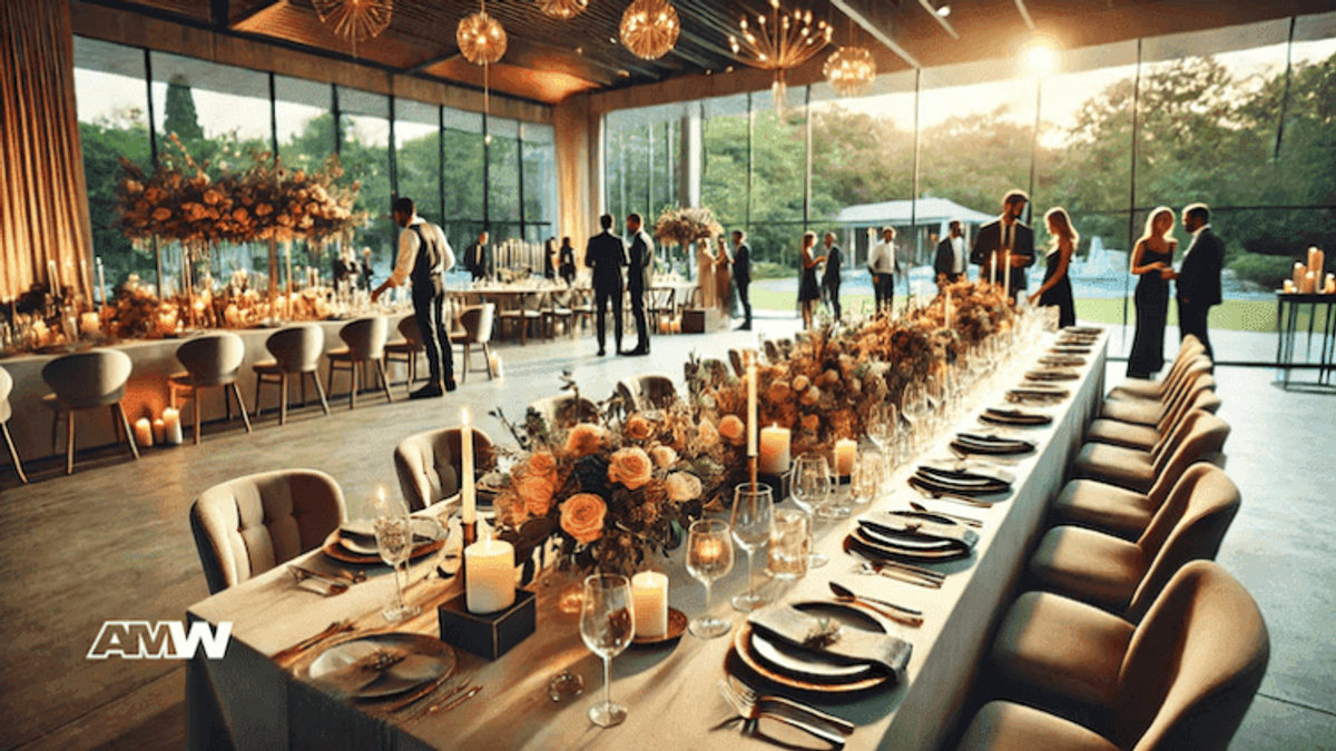 Elegant wedding reception venue with floral centerpiece.