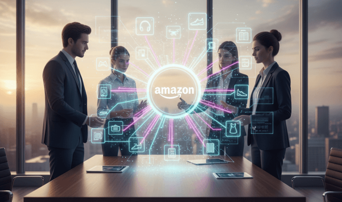 Business team analyzing Amazon digital interface