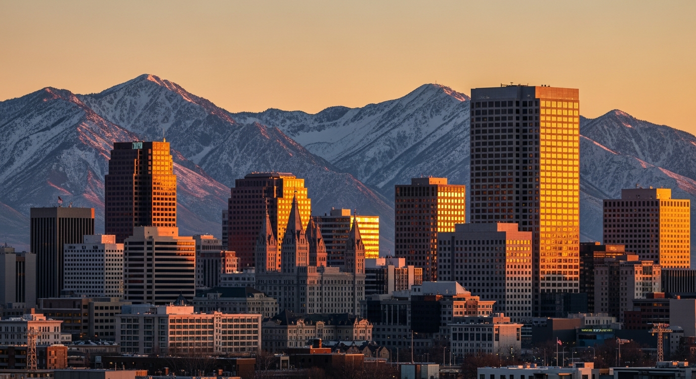 Salt Lake City skyline with Wasatch Mountains at dusk