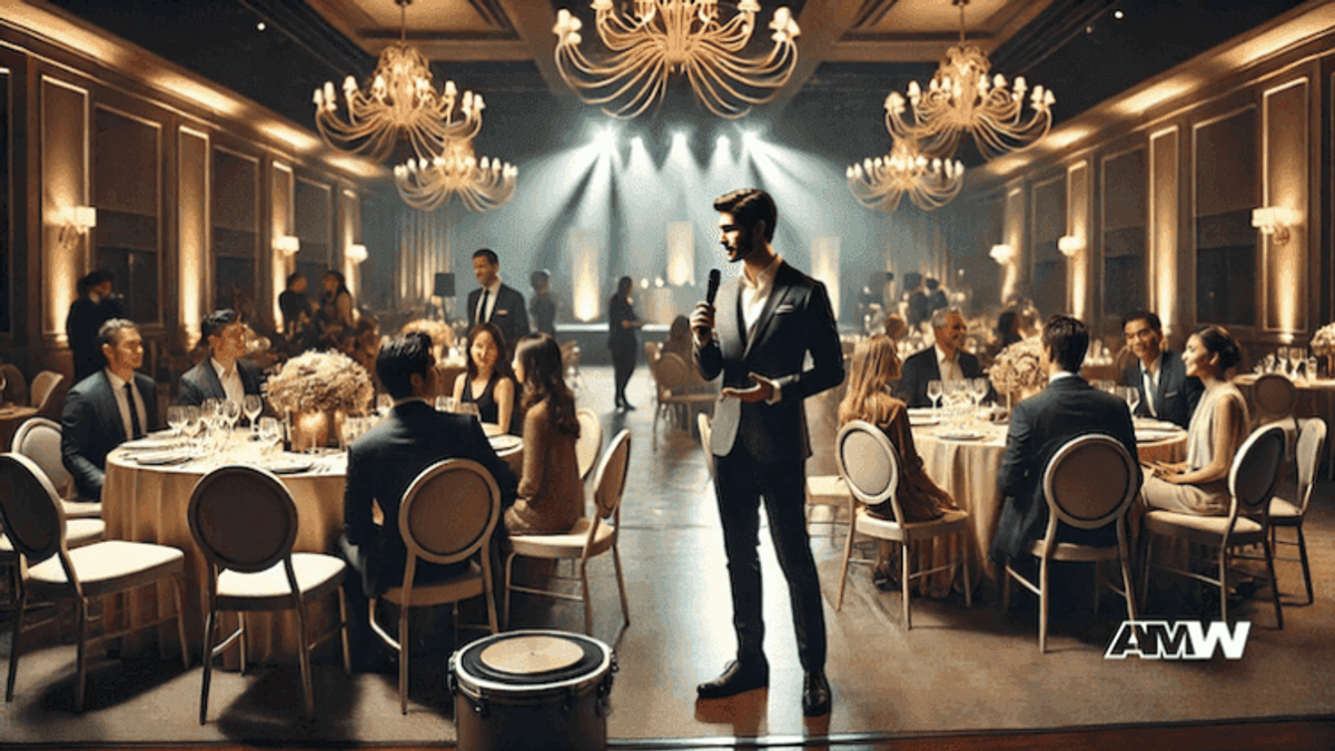 Elegant banquet with speaker and guests dining.