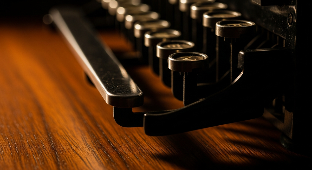 Vintage typewriter keys in extreme close-up on dark walnut desk with warm side lighting