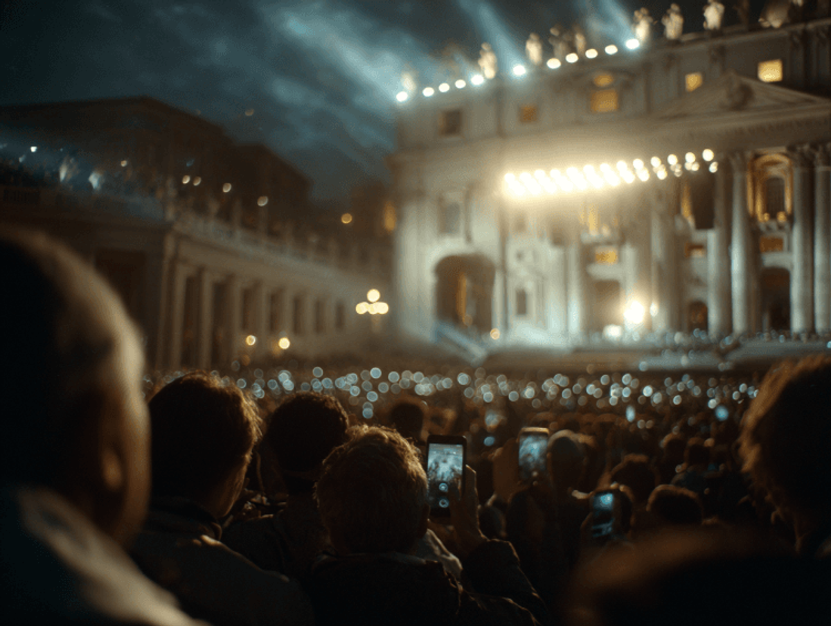 Crowd at night event outside illuminated cathedral.