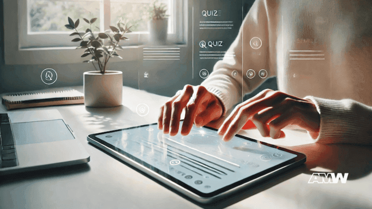 Person using tablet for quizzes at home.