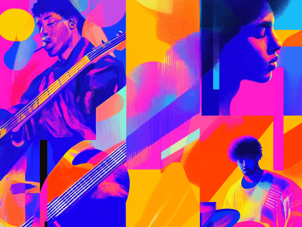 Colorful abstract illustration of musicians playing instruments.
