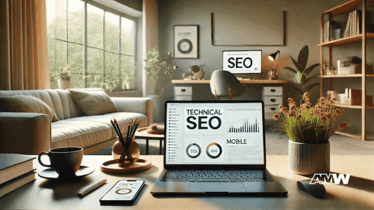 Home office desk with SEO on laptop screen.