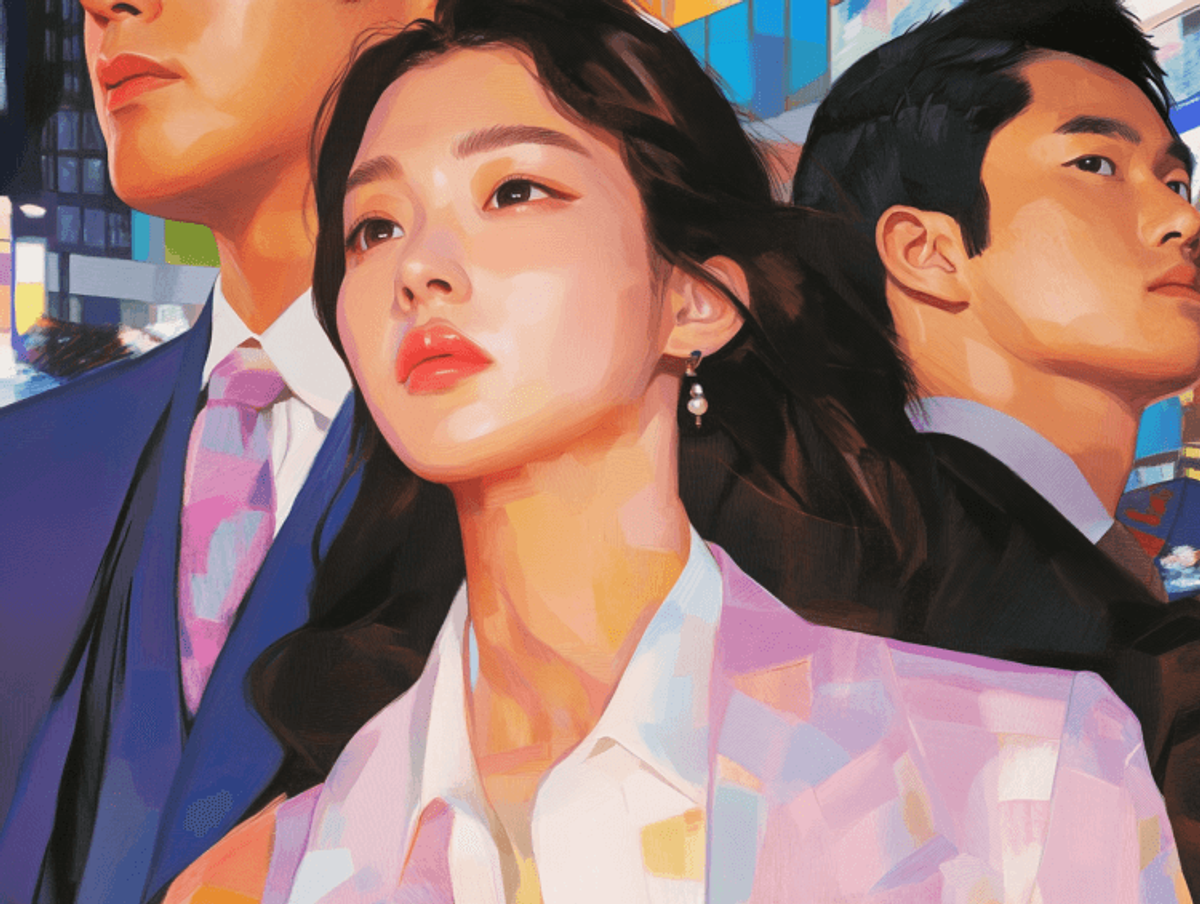 Stylish individuals in vibrant cityscape painting