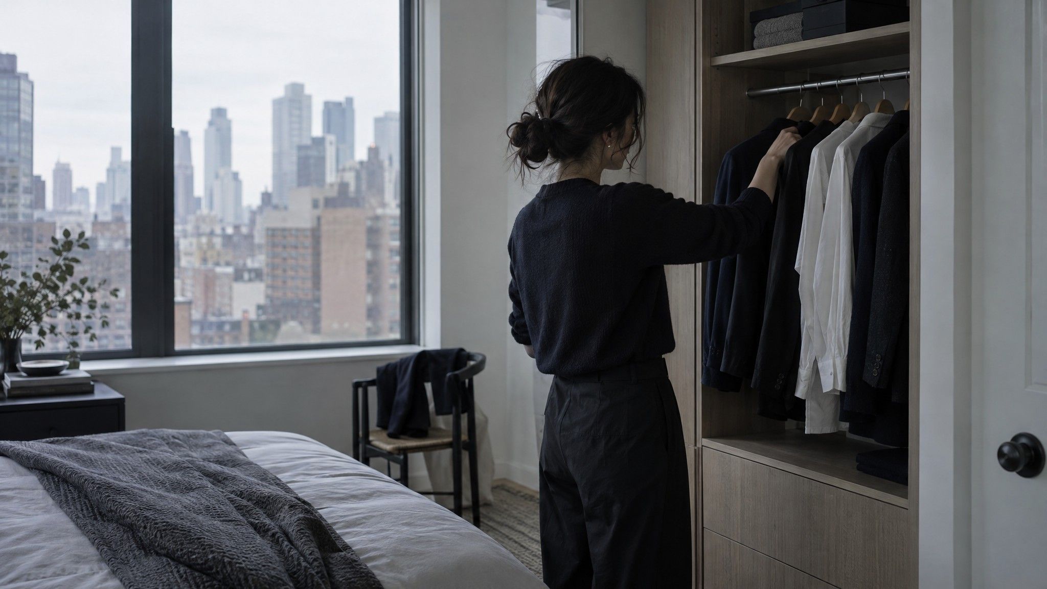 Wardrobe with dark jackets and white shirts on hangers