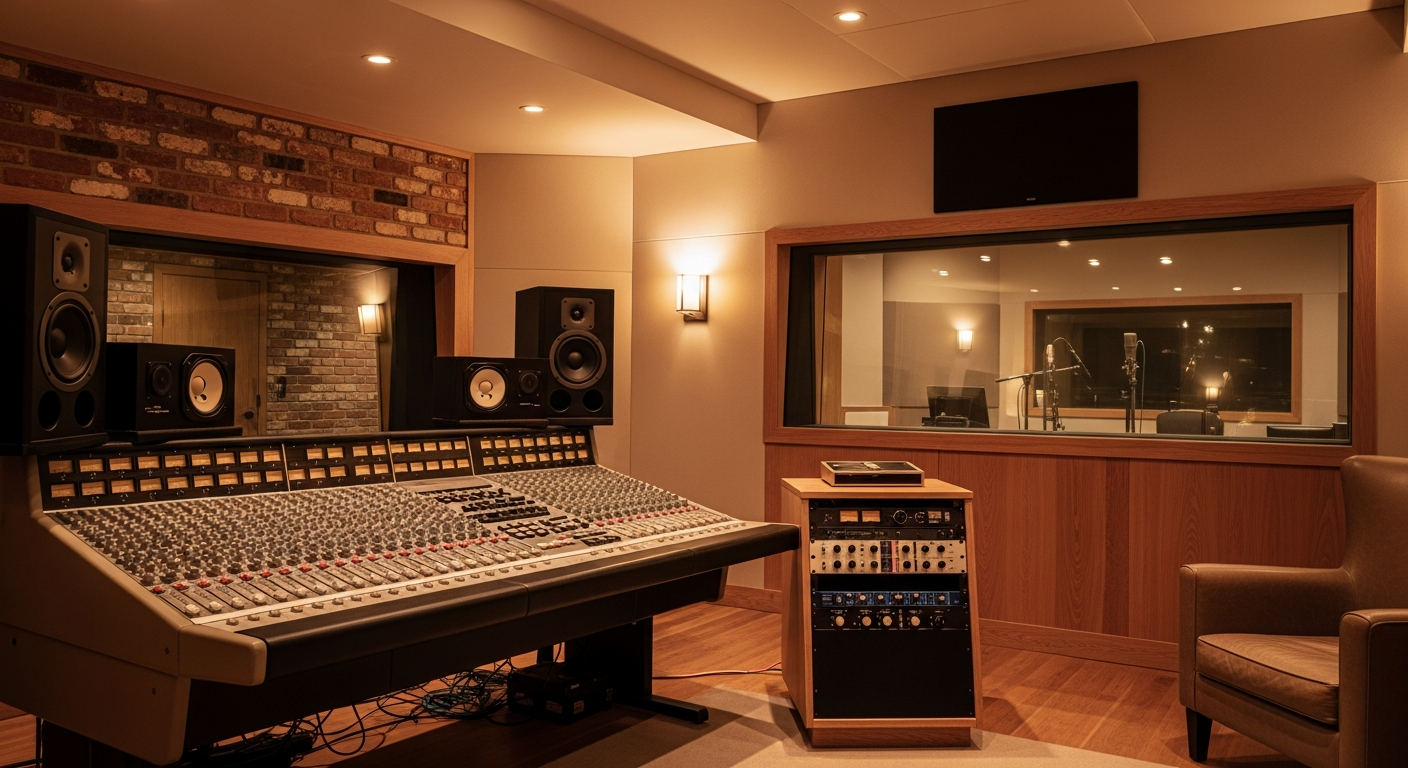 Professional music recording studio control room with analog mixing console