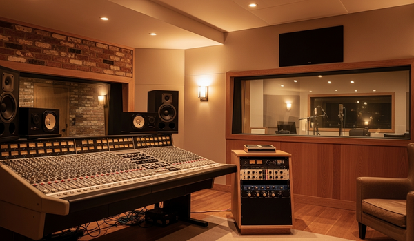 Professional music recording studio control room with analog mixing console