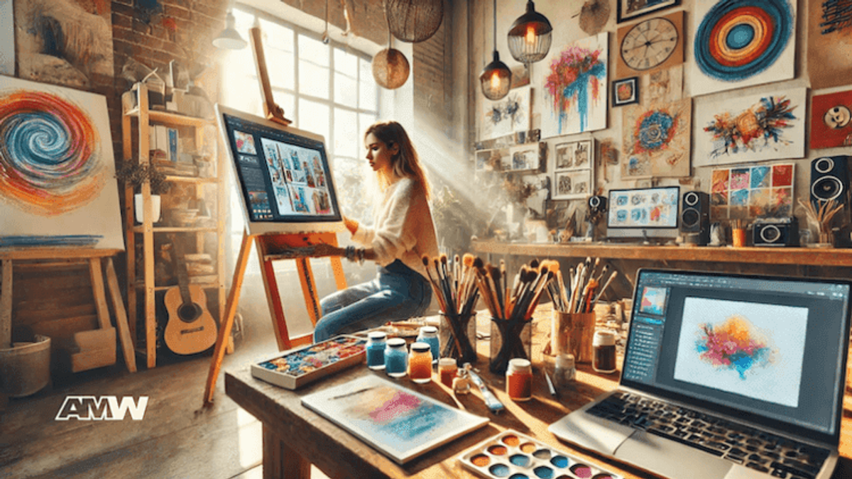Artist working in colorful studio with paintings and tools.