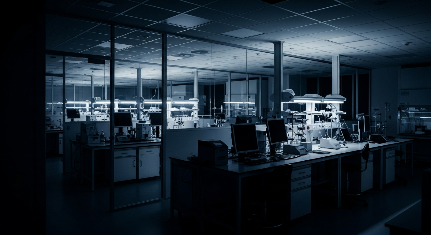 Modern medical research facility with laboratory equipment and professional lighting
