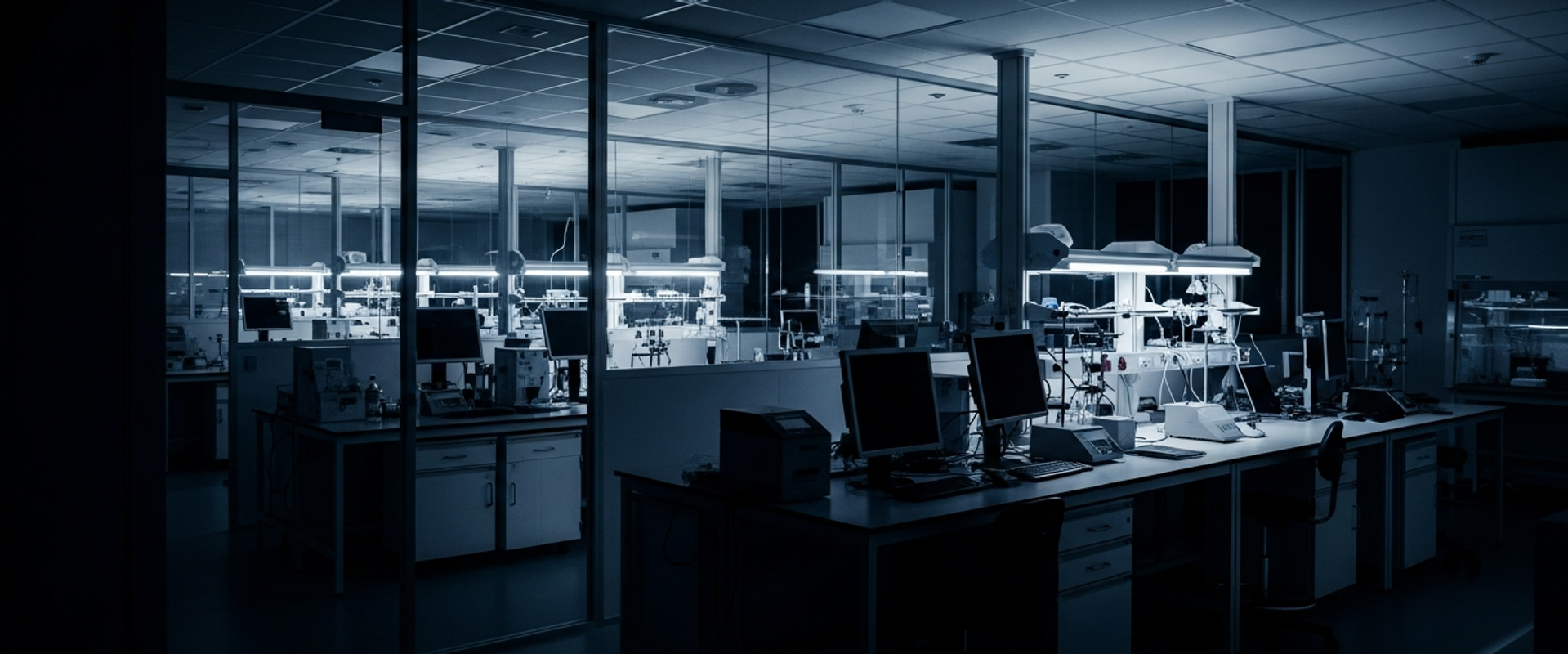 Modern medical research facility with laboratory equipment and professional lighting