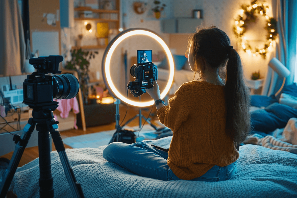 Person recording video on camera with ring light