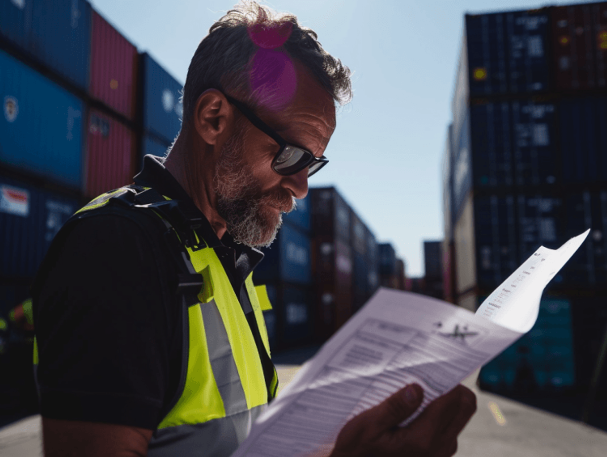 Inspector reviews paperwork at container yard.