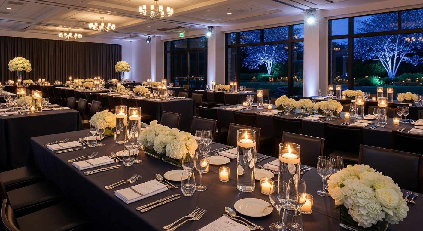 Elegant nonprofit gala venue with candlelit tables and garden views