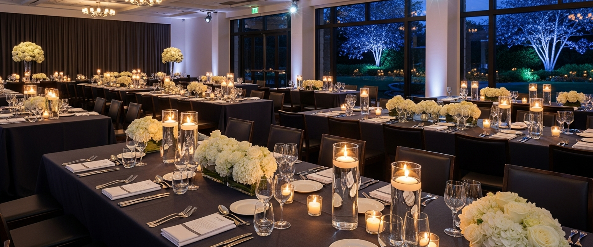 Elegant nonprofit gala venue with candlelit tables and garden views