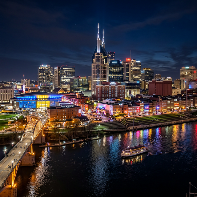 Nashville Tennessee skyline at night with AT&T Building and Broadway