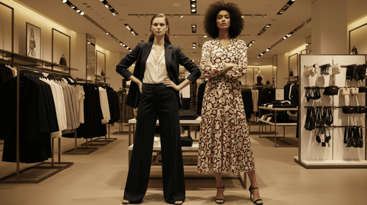Two women posing in stylish clothing store.