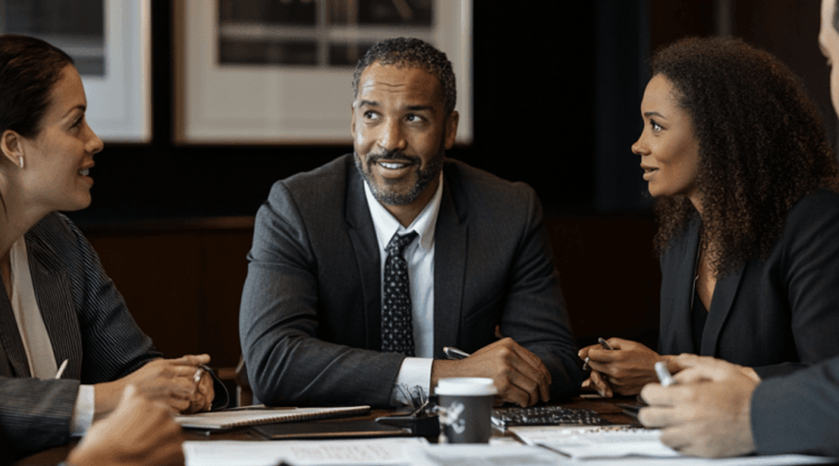 Business meeting with diverse professionals in discussion.