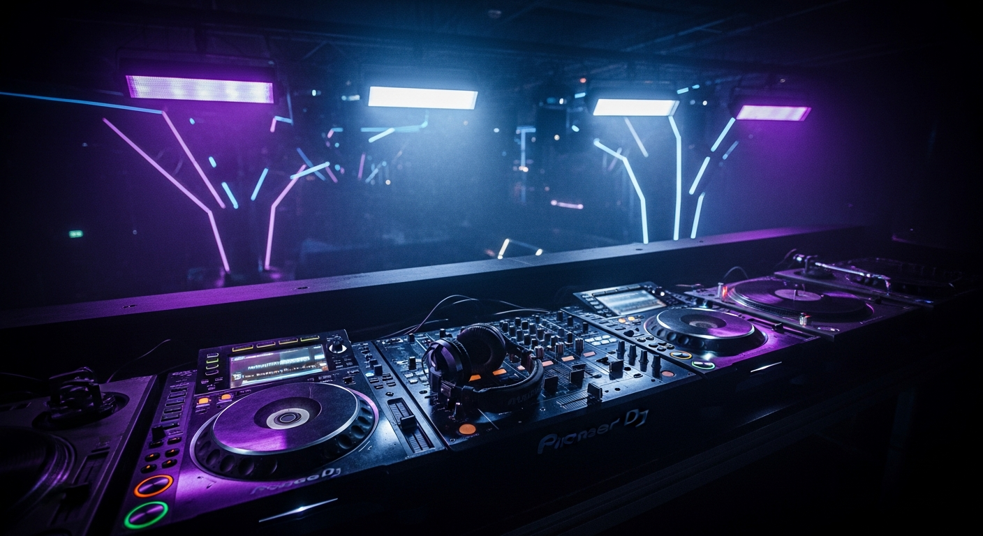 EDM and electronic music promotion with DJ equipment and light show