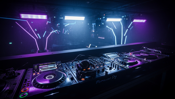 EDM and electronic music promotion with DJ equipment and light show