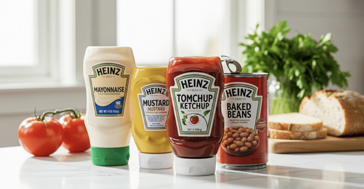 Heinz condiments with tomatoes, bread, and parsley.