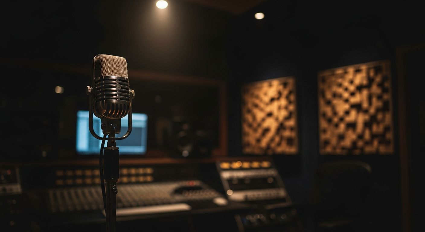 Vintage radio microphone in dark recording studio with warm spotlight — comparing music PR agencies and radio promotion services