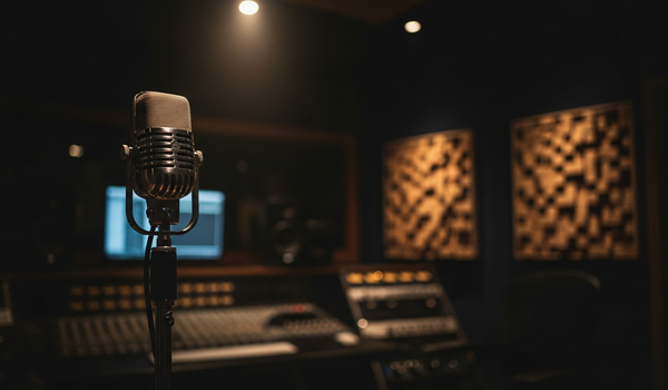 Vintage radio microphone in dark recording studio with warm spotlight — comparing music PR agencies and radio promotion services
