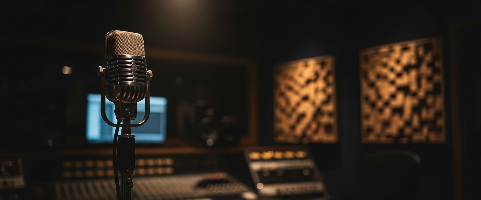 Vintage radio microphone in dark recording studio with warm spotlight — comparing music PR agencies and radio promotion services