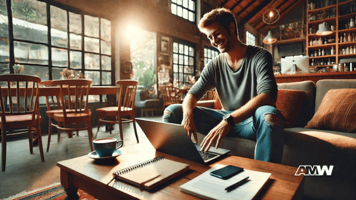 Man working on laptop in cozy cafe.