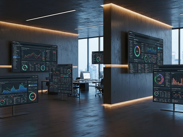 Digital marketing services - modern analytics office with multiple dashboard screens