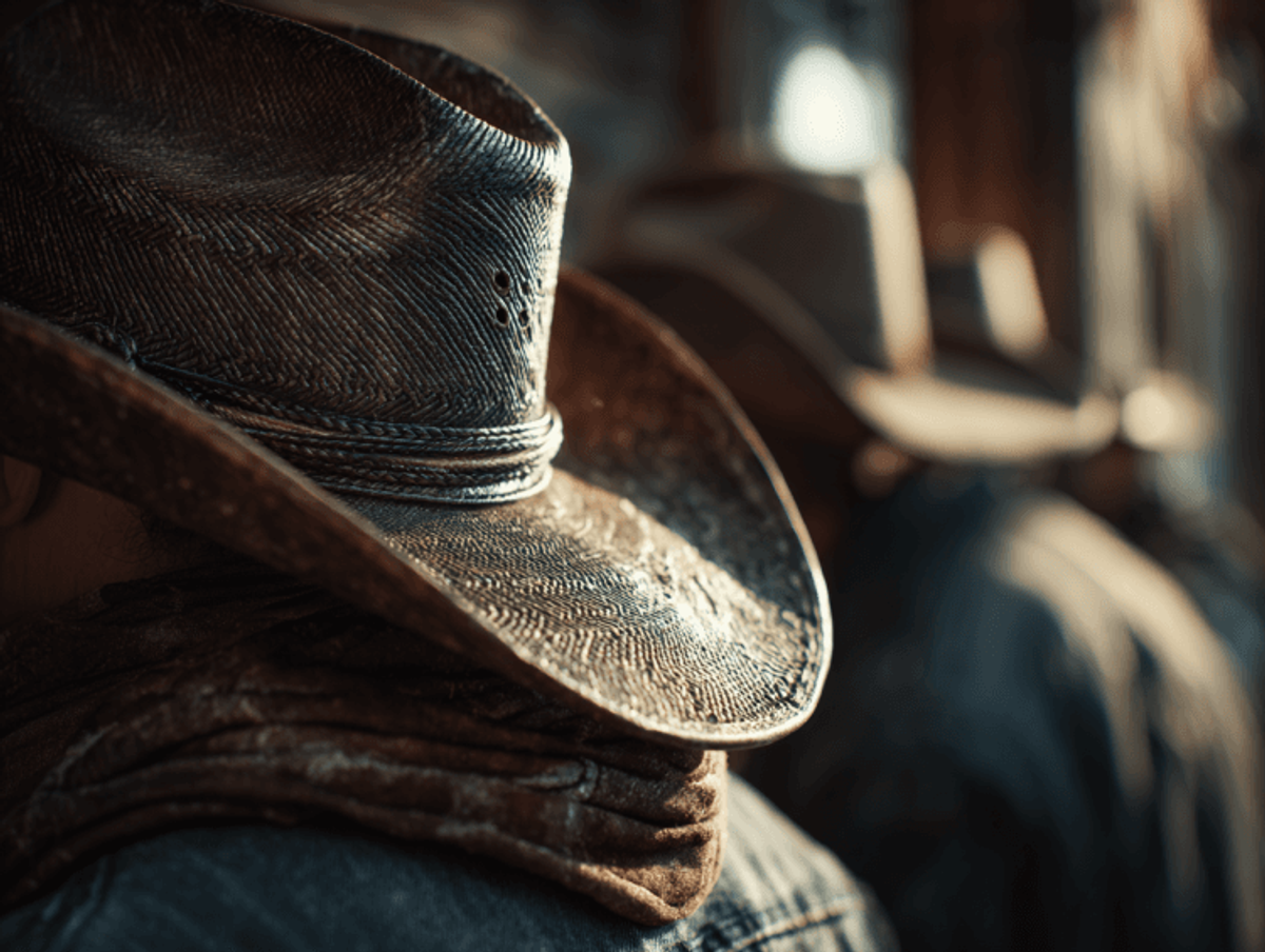 Close-up of worn cowboy hats and jackets.