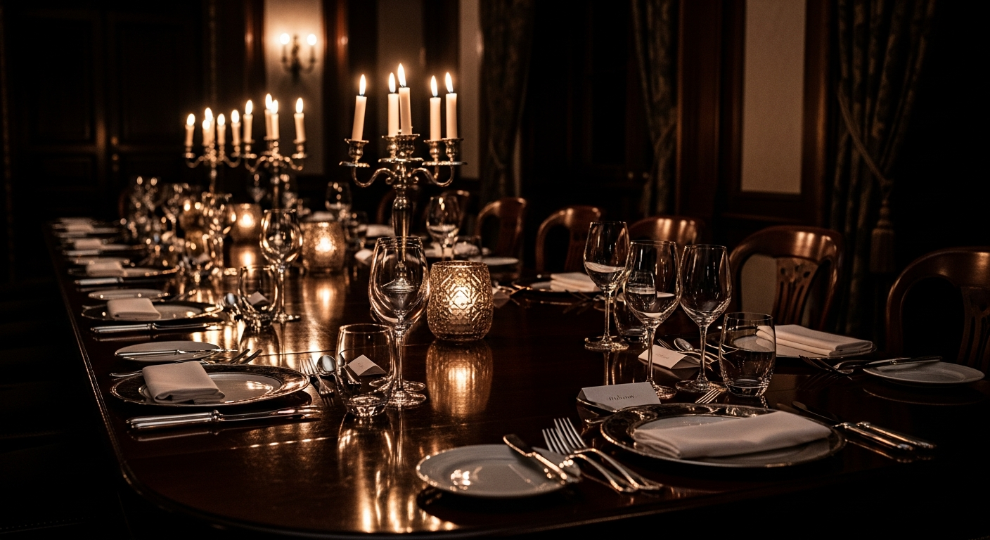 Elegant corporate dinner setup with candle centerpieces and warm ambient lighting