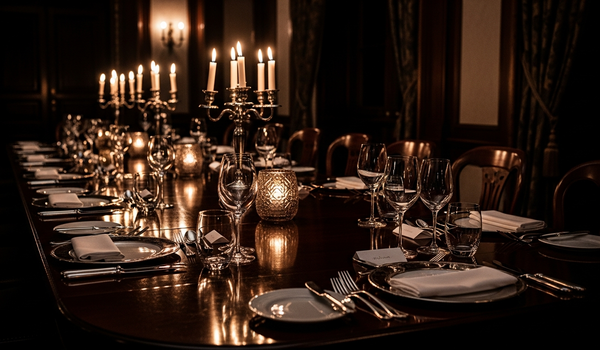 Elegant corporate dinner setup with candle centerpieces and warm ambient lighting