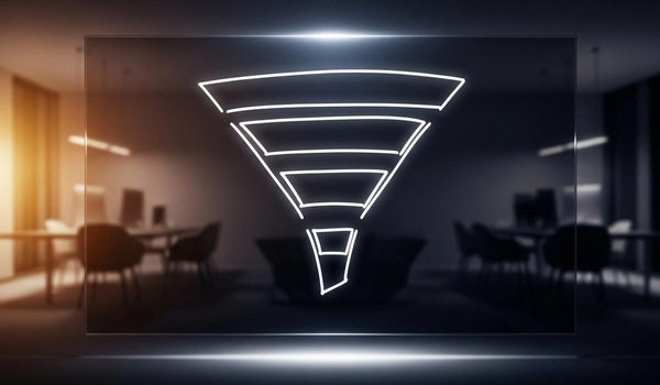 Sales funnel diagram on a glass whiteboard with ethereal backlighting