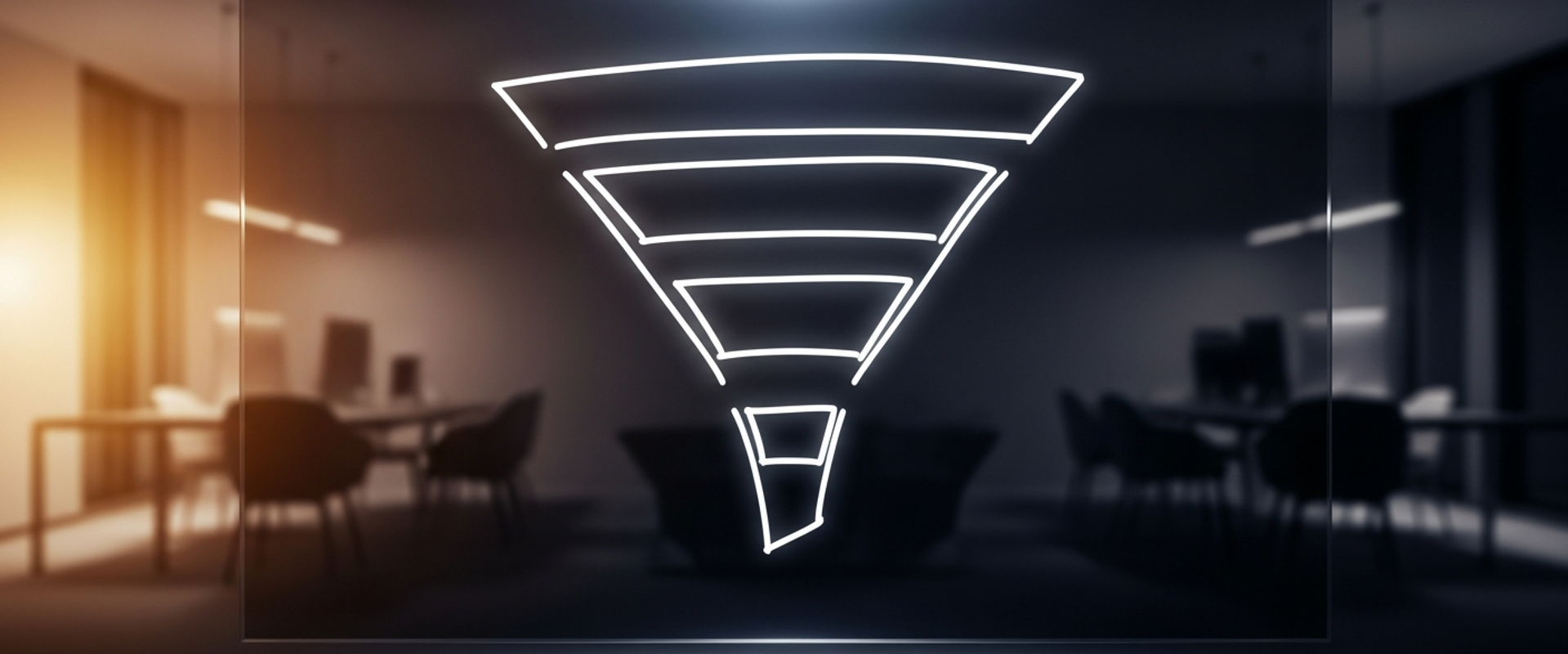 Sales funnel diagram on a glass whiteboard with ethereal backlighting