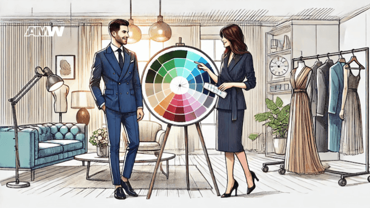 Stylish professionals discussing color wheel