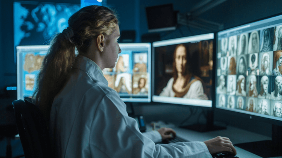 Scientist analyzing art images on computer screens.