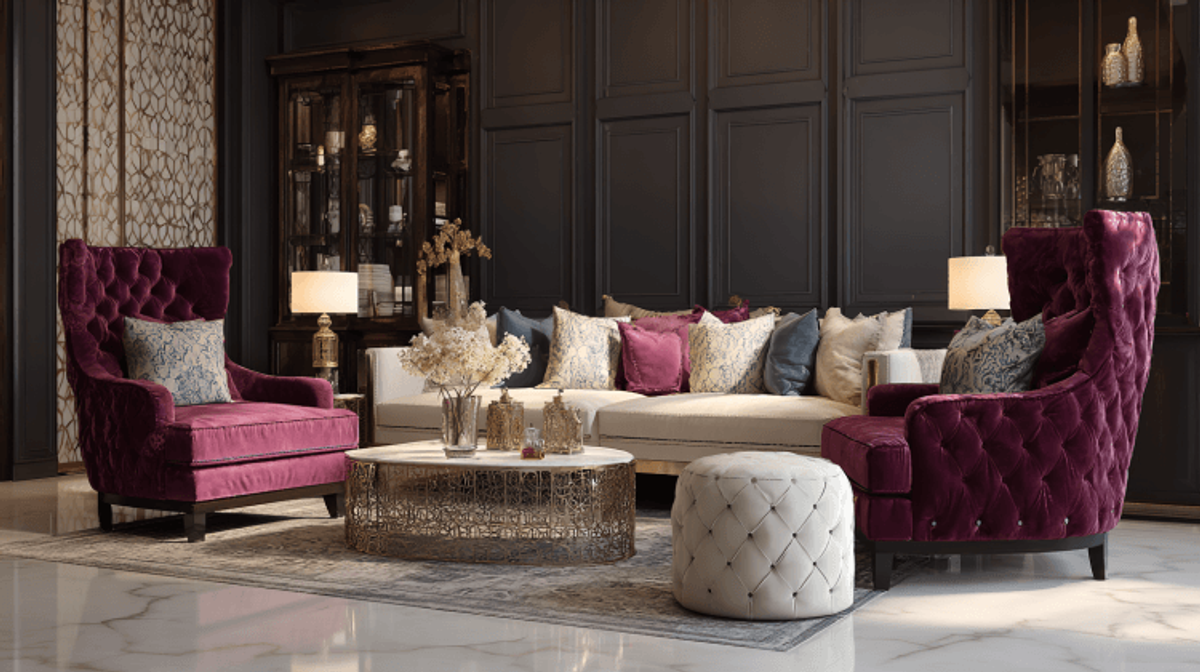 Elegant living room with luxurious velvet chairs.